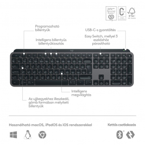 Logitech MX Keys S vezeték nélküli Bluetooth billentyűzet magyar grafitszürke (920-011587 / 0191871300068)