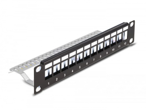 Delock 10&rdquo; h&aacute;l&oacute;zati szekr&eacute;nyekhez Keystone patch panel 12 porttal &eacute;s tehermentes&iacute;tővel 1U fekete (66874)