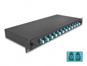 Delock 19&rdquo; hossz&uacute; s&iacute;nekbe r&ouml;gz&iacute;t&eacute;shez optikai sz&aacute;l&ouml;sszefűző doboz, 12db LC Duplex OM3 1U, kompletten &ouml;sszeszerelve (67004)