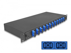 Delock 19&rdquo; hossz&uacute; s&iacute;nekbe r&ouml;gz&iacute;t&eacute;shez optikai sz&aacute;l&ouml;sszefűző doboz, 12db SC Duplex OS2 1U, kompletten &ouml;sszeszerelve (67006)
