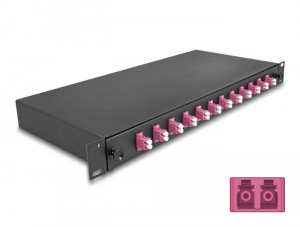 Delock 19&rdquo; hossz&uacute; s&iacute;nekbe r&ouml;gz&iacute;t&eacute;shez optikai sz&aacute;l&ouml;sszefűző doboz, 12db LC Duplex OM4 1U, kompletten &ouml;sszeszerelve (67005)