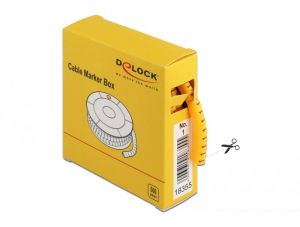 Delock No.1 500db sárga kábeljelző 4-től 5mm-es átmérőjű kábelekhez, praktikus adagoló dobozban (18355)
