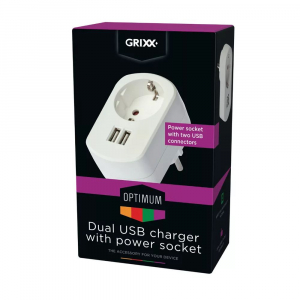 Grixx Optimum 2x USB-A töltő 220V aljzattal fehér (GROPADUSB02)