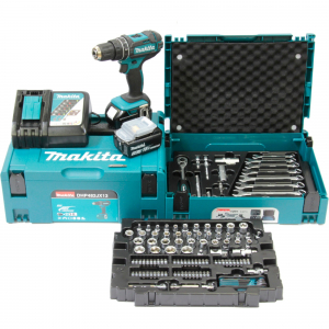 Makita akkus ütvefúró (DHP482JX13), 18V (kék/fekete, 2x Li-Ion akkumulátor 3.0Ah, MAKPAC, 120 darabos szerszámkészlet)