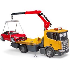 BRUDER Scania Super 560R Abschlepp-LKW mit Light & Sound Modul und Roadster (03552)