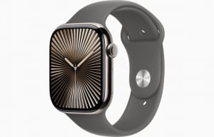 Apple Watch Series 10 (GPS + Cellular) 46mm natúr titántok, kőszürke sportszíj M/L méret (MWYA3QH/A)