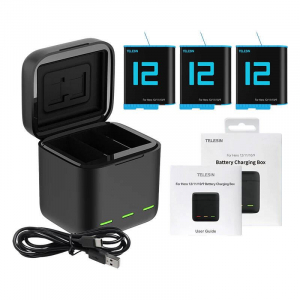 Telesin GoPro Hero9/10/11/12 h&aacute;rmas akkumul&aacute;tor t&ouml;ltő + akkumul&aacute;tor (GP-BNC-011-C)