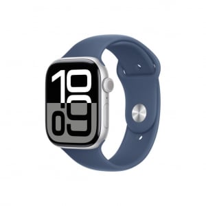 Apple Watch Series 10 GPS 46mm ezüst színű alumíniumtok, denim sportszíj M/L méret (MWWM3QH/A)