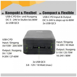 XTPower  XT-27000 DC AO PA Powerbank 26800 mAh Lítiumion USB, USB-C®, DC alj 3.5 mm Fekete (250639)
