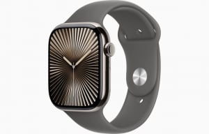 Apple Watch Series 10 (GPS + Cellular) 46mm natúr titántok, kőszürke sportszíj S/M méret (MWY93)