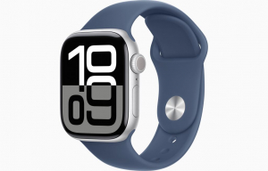 Apple Watch Series 10 (GPS + Cellular) 42mm ezüst színű alumíniumtok, denim sportszíj S/M méret (MWX33)