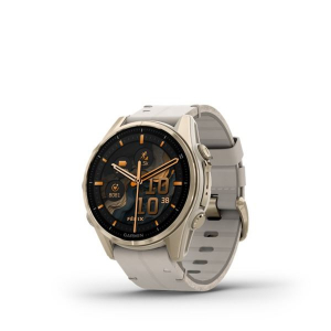 Garmin Fenix 8 43mm AMOLED Sapphire, krémarany acél, homokkő bőrszíjjal + homokkő /szürke szilikon szíjjal (ED SD) (010-02903-40)