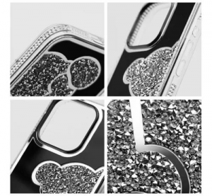 Teddy Bear iPhone 16 Plus csillogó köves tok fekete-ezüst (101232)