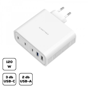 Cellect 3xUSB-C, 2xUSB-A h&aacute;l&oacute;zati t&ouml;ltő adapter gyorst&ouml;ltő funkci&oacute;val 120W feh&eacute;r (MTCB-PD120W-W)