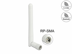 Delock WLAN 802.11 b/g/n antenna RP-SMA-dugó 2 dBi mindenirányú, dönthető csatlakozással (fehér) (12006)