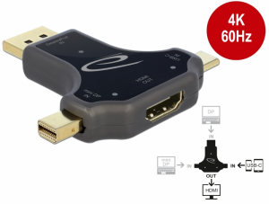 Delock 3 az 1-ben Monitor Csatlakozó USB-C  / DisplayPort / mini DisplayPort bemenetbol HDMI kimenet (64060)