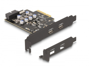 Delock PCI expressz x4 k&aacute;rtya - 2 x k&uuml;lső USB Type-C  csatlakoz&oacute; + 1 x belső USB 10 Gbps Type-E Key A and 1 x 19 pin USB pin header male - alacsony pr