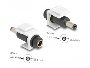 Delock Keystone modul, DC 5,5 x 2,1 mm-csatlakoz&oacute;h&uuml;vely, DC 5,5 x 2,1 mm m&eacute;retű apa, feh&eacute;r (84174)
