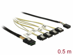 Delock Kábel Mini SAS SFF-8087 > 4 x 7 tűs SATA + oldalsáv, 0,5 m fém (85674)