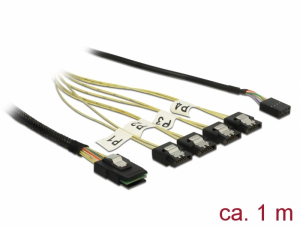 Delock Kábel Mini SAS SFF-8087 > 4 x 7 tűs SATA + oldalsáv, 1 m fém (85682)