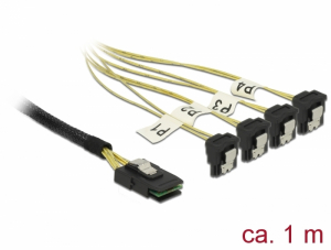 Delock K&aacute;bel Mini SAS SFF-8087 >4 x SATA 7 &eacute;rintkezős h&uuml;vely 90 fokban &iacute;velt 1 m (85687)