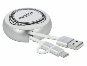 Delock USB 2.0 2 az 1-ben behúzható kábel A-típusú   Micro-B és USB-C  fehér / ezüst (85821)