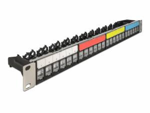 Delock 19 , 24 portos Keystone patch panel k&aacute;bel r&ouml;gz&iacute;tő s&iacute;nnek, jelző mezővel &eacute;s porv&eacute;delemmel 1U fekete (66921)