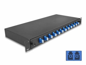 Delock 19  optikai szálösszefűző doboz 12 db. LC Duplex OS2 1U teljes elrendezés kész az összefűzésre (67003)
