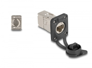 Delock D-t&iacute;pus&uacute; RJ45 be&eacute;p&iacute;tett csatlakoz&oacute; LSA kapcsolattal Cat.6A STP v&eacute;dősapk&aacute;val IP66 por- &eacute;s v&iacute;zbiztos (67063)