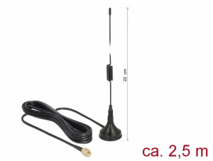 Delock LTE antenna SMA-dug&oacute; 2 dBi ir&aacute;ny&iacute;tatlan, r&ouml;gz&iacute;tett, csatlakoz&oacute;k&aacute;bellel RG-174 2,5 m, k&uuml;lt&eacute;ri (89613)