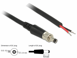 Delock DC tápkábel 5,5 x 2,5 x 9,5 mm, csavarozással nyitható huzalvéggel, 95 cm hosszú (89908)
