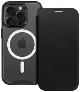 Gigapack Apple iPhone 15 Plus kártyazsebes fekete fliptok, mágneses átlátszó matt hátlappal (GP-159783)