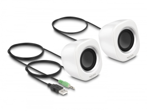 Delock Mini Sztereó személyi számítógép hangfal 3,5 mm sztereó jack apával és USB töltéssel fehér (27008)