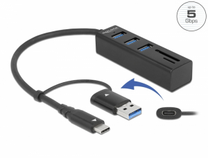 Delock 3 Port USB 3.2 Gen 1 Hub + SD &eacute;s Micro SD k&aacute;rtyaolvas&oacute; USB Type-C  vagy A-t&iacute;pus&uacute; USB konnekto (63859)