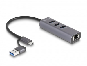 Delock 3 portos USB 5 Gbps Hub + Gigabit LAN USB Type-C  csatlakoz&oacute;val vagy A-t&iacute;pus&uacute; USB csatlakoz&oacute;val f&eacute;m v&aacute;zban (64282)