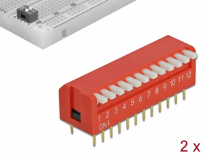 Delock DIP billenő kapcsoló halk 12 állású 2,54 mm távolság THT hosszanti piros 2 darab (66408)