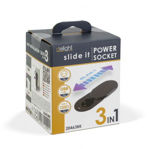 Delight rejtett beépíthető konnektor + USB-A + USB-C csatlakozó (20463BK)