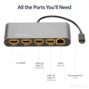 StarTech.com Dual 4K Monitor Mini Thunderbolt 3 notebook dokkoló szürke (TB3DKM2HDL)