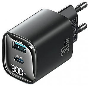 Usams CC229 Type-C, USB-A h&aacute;l&oacute;zati t&ouml;ltő kijelzővel 30W fekete (CC229TC01)