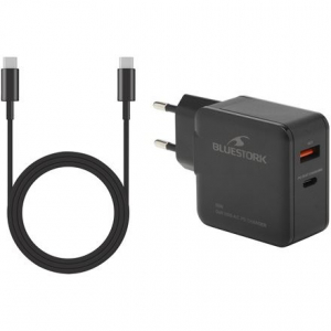 Bluestork USB-C + USB-A 65W h&aacute;l&oacute;zati t&ouml;ltő + 1,8m USB-C k&aacute;bel fekete (PW-BS-65-GAN-C-A)