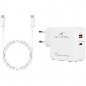 Bluestork USB-C + USB-A 65W h&aacute;l&oacute;zati t&ouml;ltő + 1,8m USB-C k&aacute;bel feh&eacute;r (PW-BS-65-GAN-C-A-W)