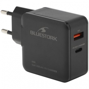 Bluestork USB-C + USB-A 65W h&aacute;l&oacute;zati t&ouml;ltő + 1,8m USB-C k&aacute;bel fekete (PW-BS-65-GAN-C-A)