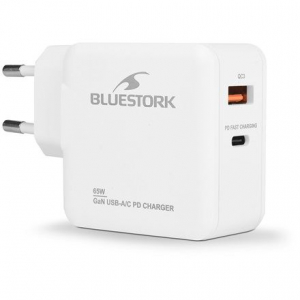 Bluestork USB-C + USB-A 65W h&aacute;l&oacute;zati t&ouml;ltő + 1,8m USB-C k&aacute;bel feh&eacute;r (PW-BS-65-GAN-C-A-W)