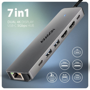 Axagon HMC-7HX2 USB-C 5Gbps Dual 4K 7in1 Hub