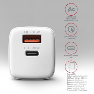 Axagon ACU-PQ20W QC3.0/AFC/FCP + PD type-C 20W töltő fehér