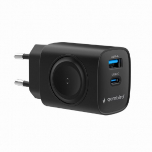 Gembird 2az1-ben USB-C, USB-A h&aacute;l&oacute;zati adapter, vezet&eacute;k n&eacute;lk&uuml;li Apple Watch t&ouml;ltővel fekete (TA-UC-PDQCW20-01-BK)