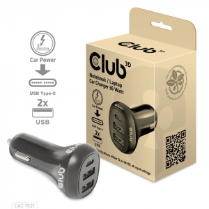 Club 3D 2xUSB-A, 1xUSB-C aut&oacute;s t&ouml;ltő 36W fekete (CAC-1921)