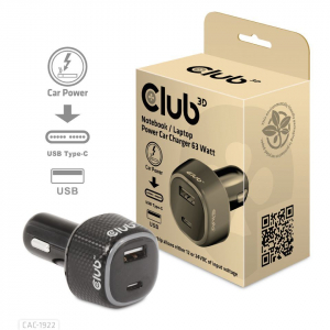 Club 3D 1xUSB-A, 1xUSB-C aut&oacute;s t&ouml;ltő 63W fekete (CAC-1922)