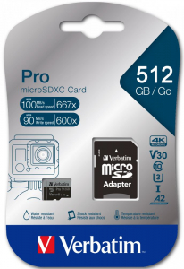 512GB Micro SDXC Verbatim Pro U3 mem&oacute;riak&aacute;rtya + adapter (47046)