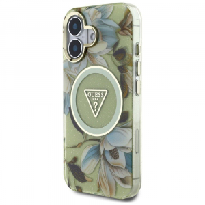 Guess Glitter Magnolia and Triangle Logo Apple iPhone 16 tok virágmintás (GUHMP16SHFLPEDN)